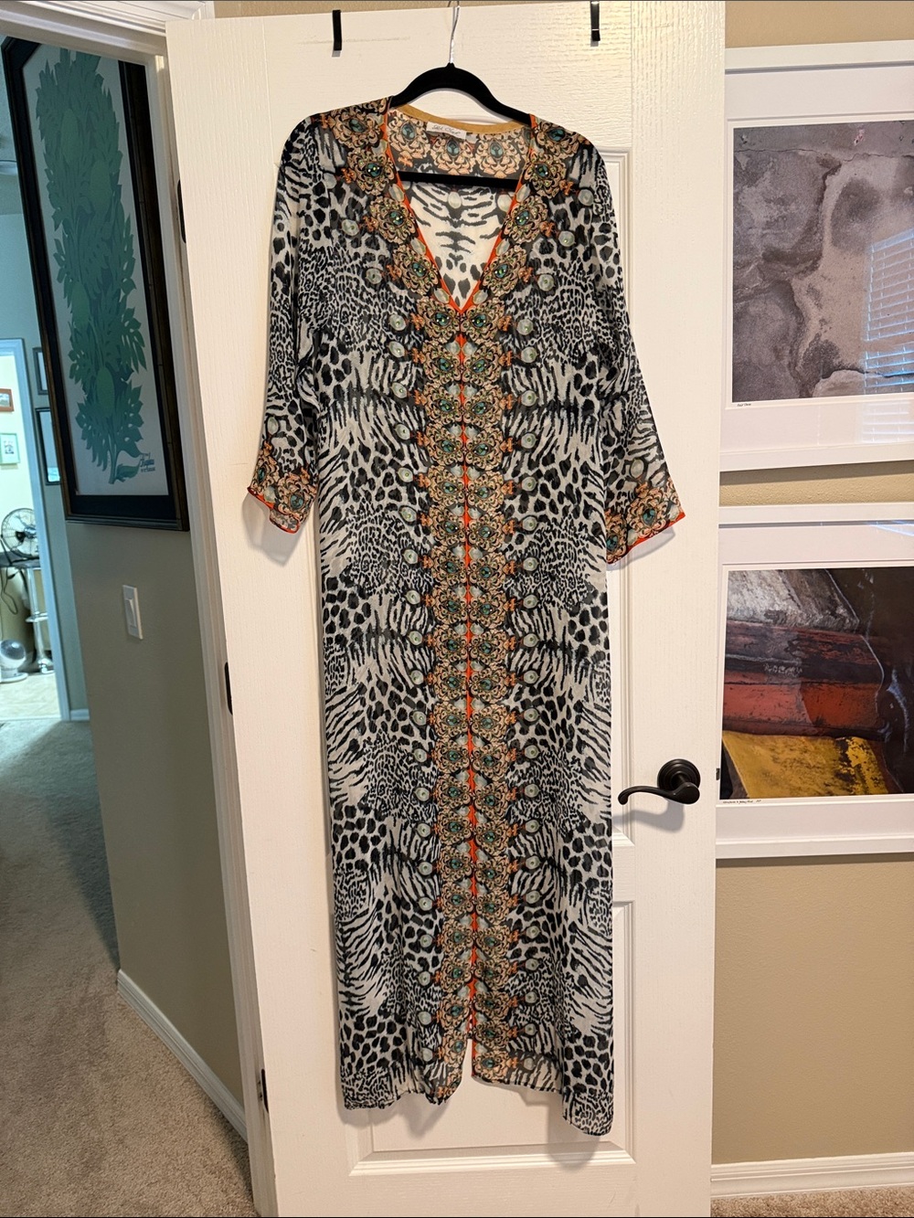 V-Neck Black & White Animal Print Maxi Dress with Orange Trim